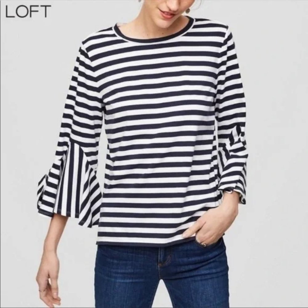 Loft Navy and White Striped Bell Sleeve T-Shirt